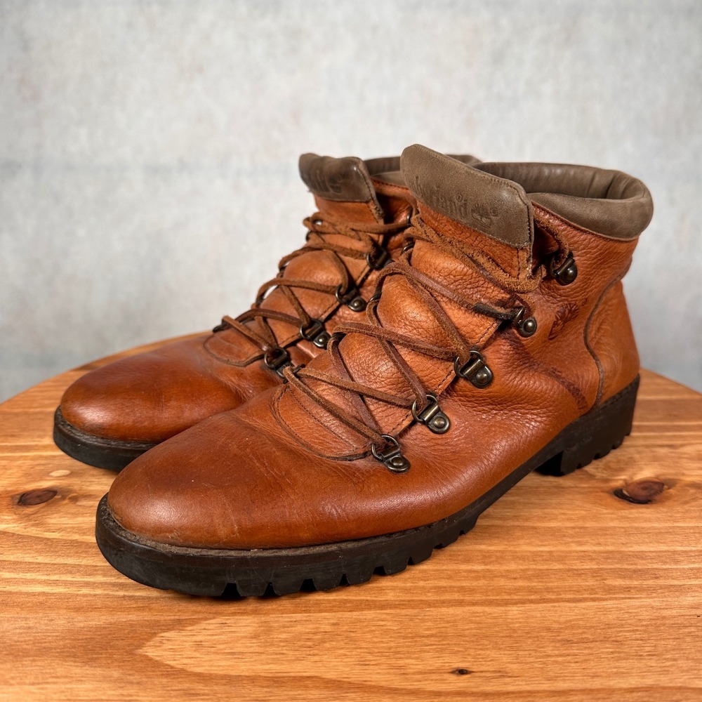 Timberland Vintage Euro Hiker Boots Women Size 8 Tan Leather Good Lace Lug Sole